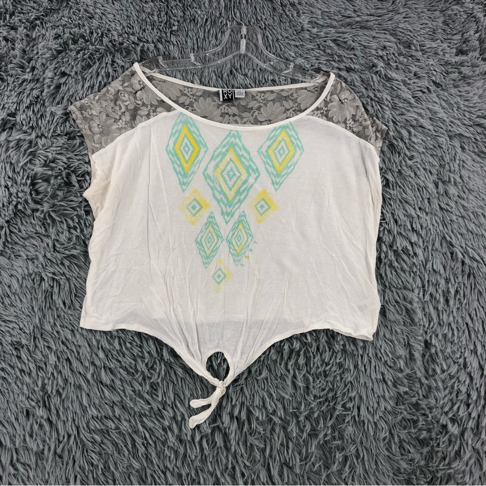 Roxy Shirt Womens Medium Crop Tie Waist Lace Diamonds
